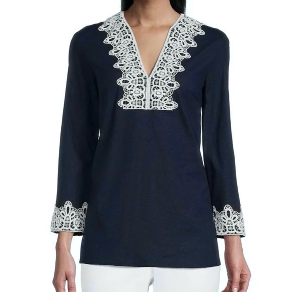Preston & York Navy Lace Embroidered V-Neck Linen Blend Tunic Blouse Size 10